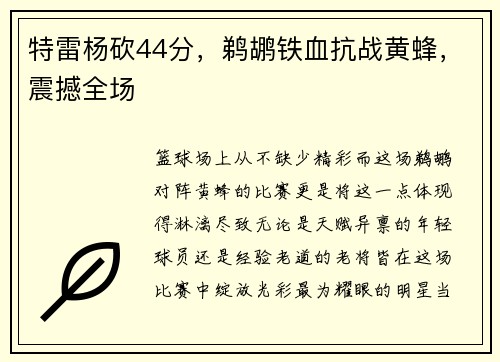 特雷杨砍44分，鹈鹕铁血抗战黄蜂，震撼全场